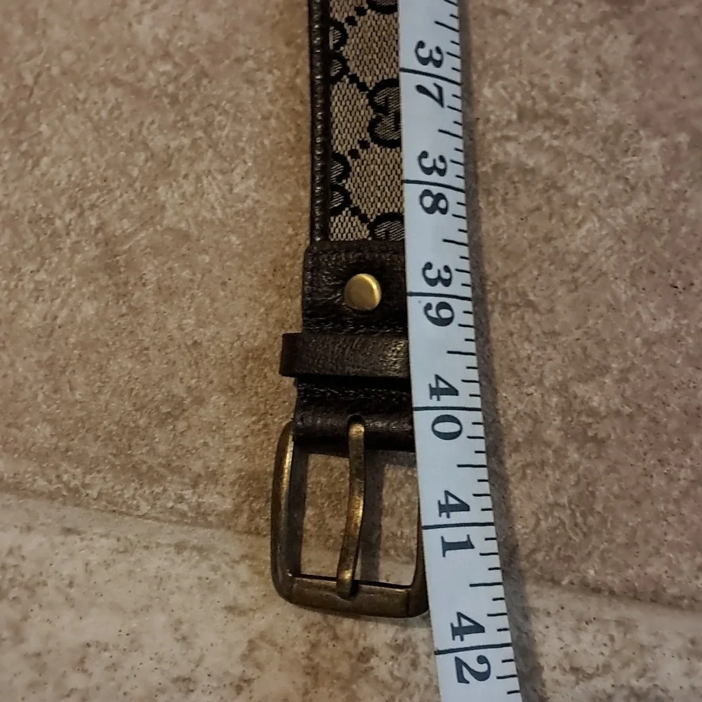 Gucci Canvas Leather Trimmed Belt Brass Buckle Size 38 Luxury Classic Preowned